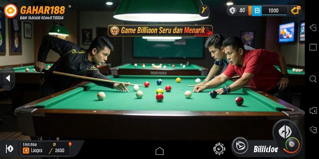 Antarmuka GAHAR188 dengan meja billiard dan opsi permainan.