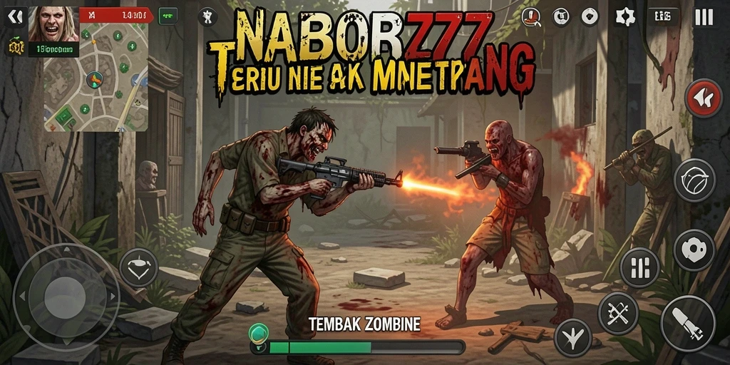 Tampilan antarmuka NABOB77 saat beraksi menghadapi zombie di pemukiman.