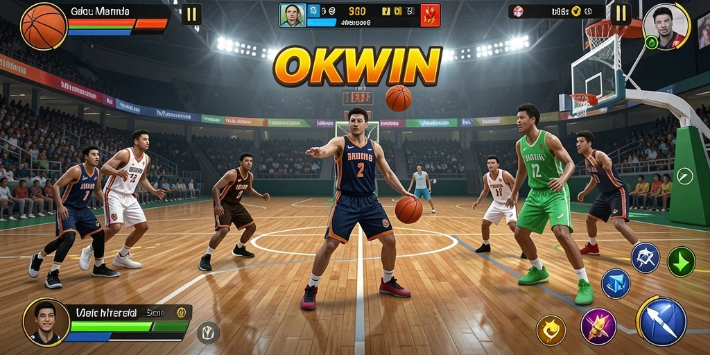 Antarmuka bermain OKWIN menampilkan aksi seru di lapangan basket.