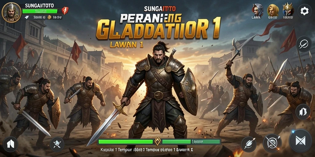 Antarmuka SUNGAITOTO menampilkan pertarungan seru 1 lawan 1 yang intens.