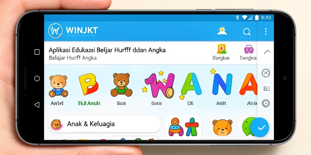 Antarmuka aplikasi WINJKT yang ramah anak saat belajar huruf dan angka.